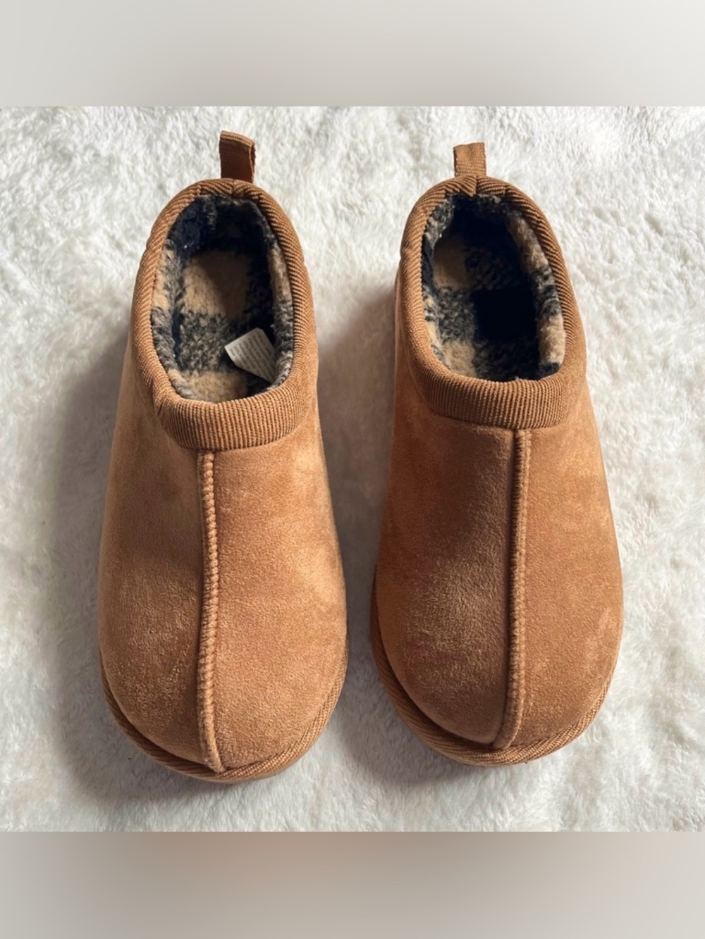 Boys Camel Slippers - Tan & Plaid Fuzzy Slip On Shoes, Size 4-5